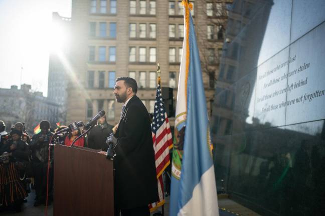 Mayor Mamdani speaks at African Burial Ground, Tuesday March 24.