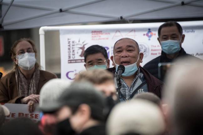 Noel Quintana, whose face was slashed on the L train in February, spoke at the rally. Photo: Michael Appleton/Mayoral Photography Office