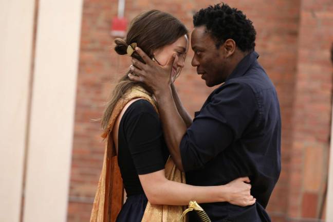 Heather Lind and Chukwudi Iwuji in &quot;Othello.&quot; Photo: Joan Marcus for Public Theater
