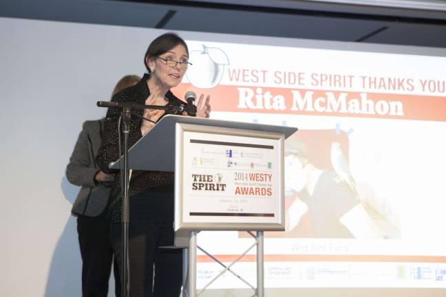 Rita McMahon of the Wild Bird Fund accepts her WESTY Award. Photo by Mary Newman