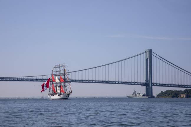 BAP Unión, the Peruvian 378-foot long tall ship passing the Verrazzano-Narrows Bridge and continuing north towards the George Washington Bridge.