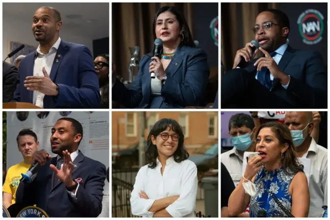 State lawmakers Jamaal Bailey, Jessica Ramos, Zellnor Myrie, Jessica Gonzalez Rojas, Claire Valdez and Jamaal Bailey, clockwise from left, are all in the Tier 6 pension plan.