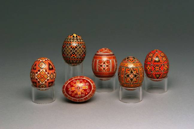 Geometric patterns adorn ornate Easter eggs, called pysanky, at the Ukrainian Museum's "Timeless Treasures” exhibit. Photo: Volodymyr Gritsyk, (c) The Ukrainian Museum,