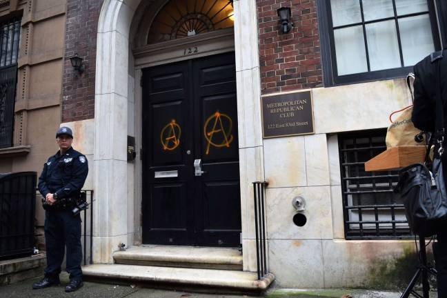 The Metropolitan Republican Club was vandalized prior to an October 2018 event featuring Proud Boys founder Gavin McInnes. Photo: Michael Garofalo