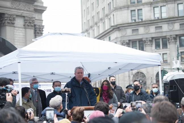 Mayor Bill de Blasio delivers remarks at the Asian American Federation’s Anti-Asian Hate Rally in Foley Square on Saturday, February 27, 2021. Photo: Michael Appleton/Mayoral Photography Office