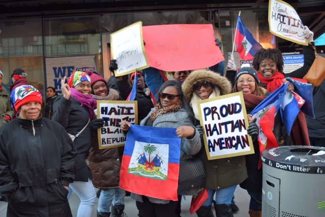 Anti-racism rally in Times Square on Martin Luther King Jr. Day following reports of President Donald Trump&#x2019;s disparaging comments about Haiti and other countries. Photo: Michael Garofalo