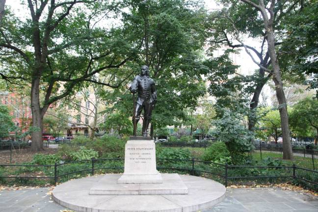 This statue of Peter Stuyvesant is the target of a Jewish activist group that is demanding its removal from Stuyvesant Square. A Dutch governor of New Amsterdam in the 1650s, Stuyvesant had savaged Catholics and railed against Jews as a “deceitful race,” seeking to bar them from settling in the colony that became New York. Photo: MusikAnimal, via Wikimedia Commons