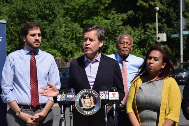 State Sen. Brad Hoylman, flanked by Sens. Andrew Gounardes and Robert Jackson and District 10 candidate Johanna Garcia. Photo: Emily Higginbotham