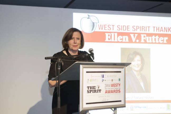 Ellen V. Futter, President of the American Museum of Natural History, accepts her WESTY Award. Photo by Mary Newman