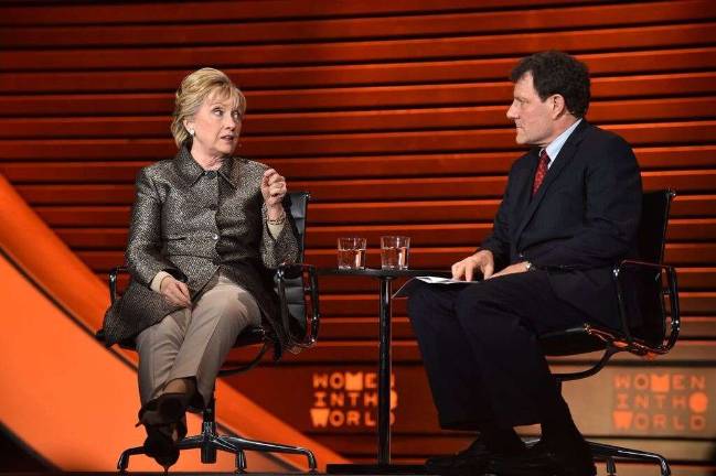 Hillary Clinton with Nicholas Kristof. Photo courtesy of&#xa0;Tina Brown&#x2019;s Women in the World Summit