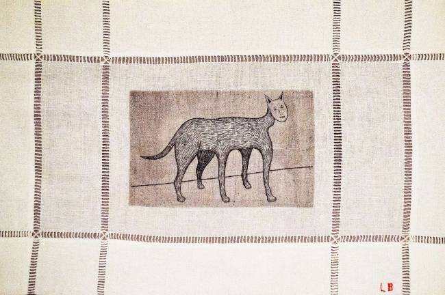 “Self Portrait” 2007, Bourgeois’ drypoint and engraving done on a handkerchief from her trousseau. Photo: Adel Gorgy
