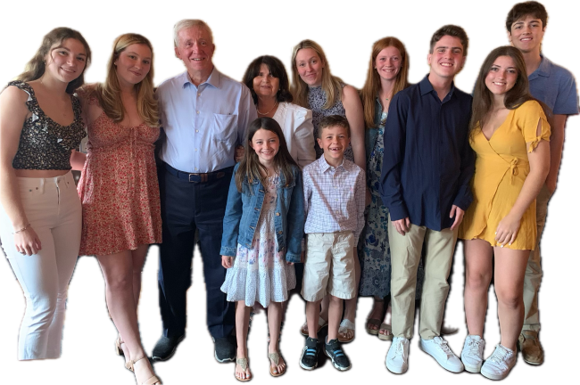 Peter Costiglio (third from left) and wife of 54 years, Barbara, to his right with their nine grandchildren at a family gathering in a restaurant in White Plains, NY, following a high school graduation ceremony for one of his grandchidren in June, 2023.