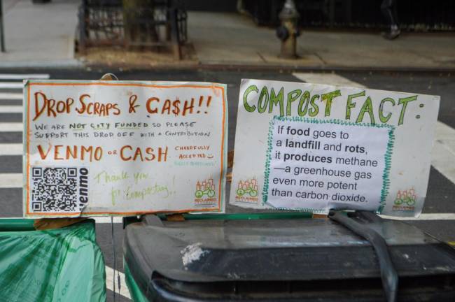 Signs at the drop-off location encourage composters to donate to Reclaimed Organics, though the drop-off service is free. Photo: Abigail Gruskin