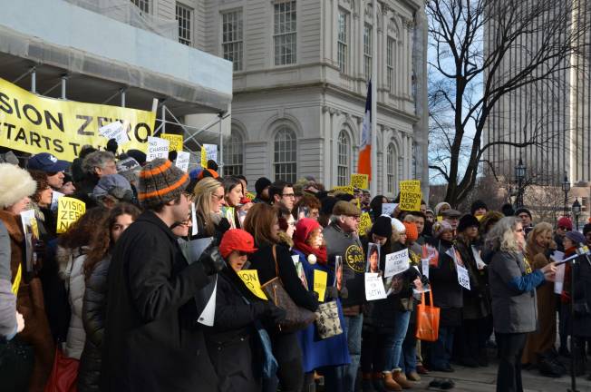 Families for Safe Streets staged a rally Sunday calling on New York district attorneys to take more seriously cases where reckless drivers kill or injure pedestrians. Photo by Daniel Fitzsimmons