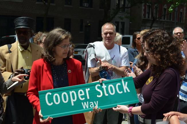 Earlier this month, the street where Cooper Stock died was renamed in his honor. Dana Lerner is on the right, holding the sign with Councilmember Helen Rosenthal