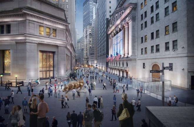 Renderings released by Downtown Alliance show the Charging Bull statue relocated from Bowling Green to the corner of Wall and Broad Streets. Mayor Bill de Blasio announced in April that the city intends to move the Fearless Girl statue, and possibly the bull, to the vicinity of the New York Stock Exchange due to pedestrian safety issues at the statues' current location. Rendering: WXY Architecture + Urban Design