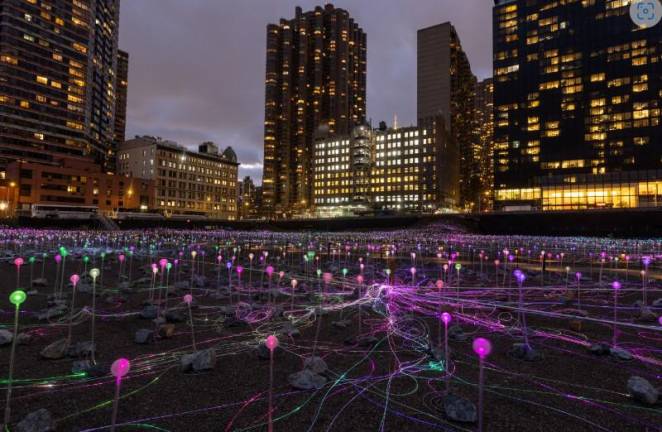 What was once a vacant construction lot on the East Side of Manhattan just south of the United Nations is now a Field of Light that will come to light every night for the next year. It opened to the public on Dec. 15. Photo: Field of Light/Bruce Munro