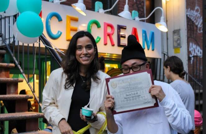 City Council Member Carlina Rivera stopped by Davey’s Ice Cream Shop in the East Village to present him with a Proclamation on his ten year anniversary. Photo: Vic Verbalaitis