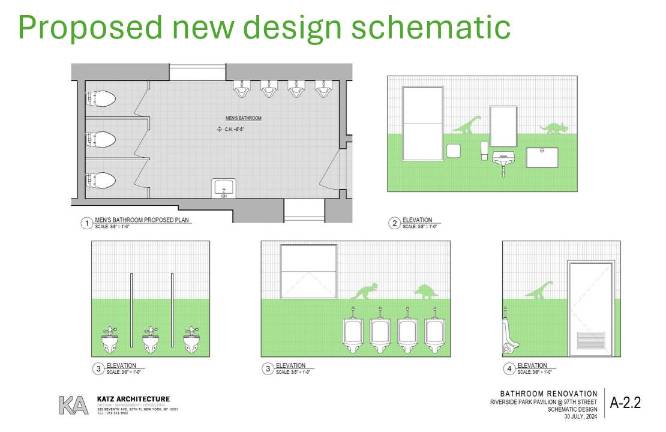 A design schematic from the Riverside Park Conservancy that lays out proposed improvements for restrooms at the Dinosaur Park.