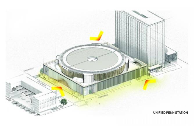 A new Penn plan being floated by the American subsidiary of Italian construction giant ASTM Group proposes knocking down the HULU Theater to make way for a new grand entrance to the station on the Eighth Ave. side that would allow more light into the station, without moving Madison Square Garden. Photo: ASTM Group