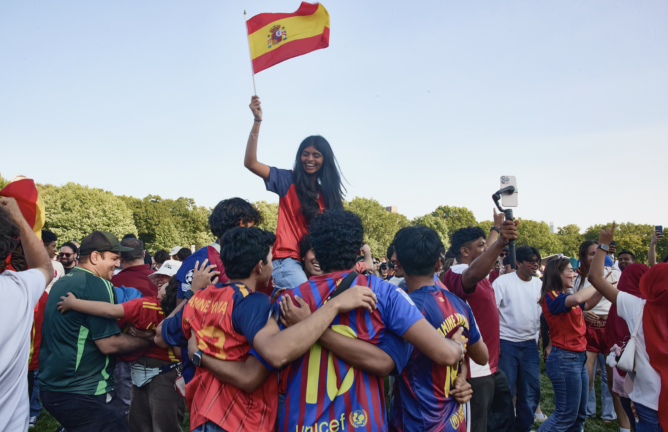 Spain fans celebrate their big World Cup win at the watch party in Central Park on July 19.