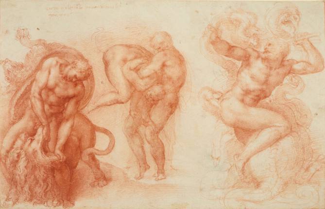 Michelangelo Buonarroti (Italian, Caprese 1475&#x2013;1564 Rome). &#x201c;Three Labours of Hercules.&#x201d; 1530&#x2013;33. Drawing, red chalk; 10 11/16 x 16 5/8 in. ROYAL COLLECTION TRUST/&#xa9; HER MAJESTY QUEEN ELIZABETH II 2017. www.royalcollection.org.uk&quot;www.royalcollection.org.uk
