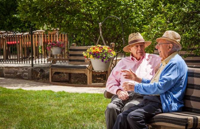 On pleasant days, gardens and walkways around FiveStar offer places to sit and talk with friends. Photo: &#xa0;Mark Woodbury /&#xa0;Courtesy of FiveStar Premier Residences of Yonkers