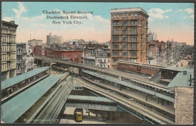 Chatham Square Station elevated c. 1923. East Broadway to right, Manhattan Bridge passing over.