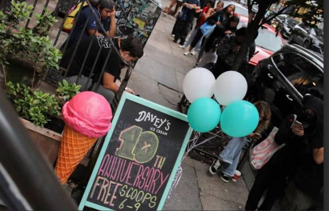 A line stretched down the block when Davey’s Ice Cream staged a give away to celebrate its ten year anniversary in the East Village on Oct. 2. Photo: Vic Verbalaitis