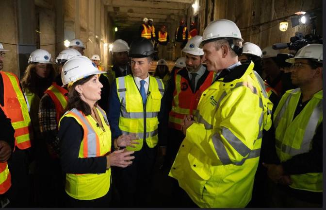 Governor Kathy Hochul (left), Transportation Secretary Pete Buttigieg (center) and MTA Chairman Janno Lieber (right) tour a part of the Second Ave. subway that had already been built but was stalled by the city’s mid-70s fiscal crisis. The new extension to 125th St. and Lex won’t be done until 2032. Photo: Office of Governor Kathy Hochul