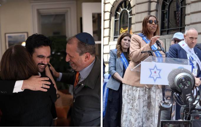 Mayor Mamdani and Brad Lander at a Sukkah hop, Sept. 29; Letitia James, Julie Menin and Mark Treyger at Israel Day Parade, May 31.