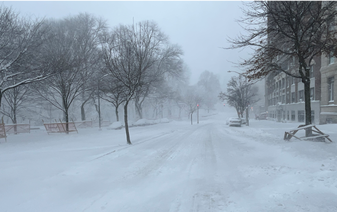 Looking north on Riverside Drive at 10 a.m. on Feb. 23, there was no traffic in either direction at that moment, just the wind and the snow.