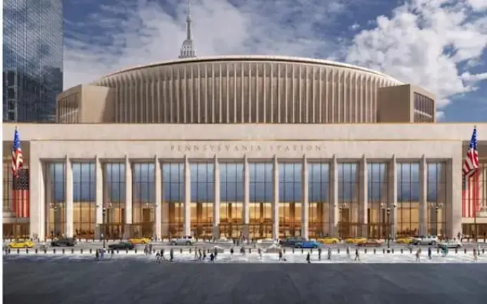 An artist rendering of the Penn Station redesign which proposes tearing down the Madison Square Garden owned-theater on Eighth Avenue and replacing with a new grand entrance (above).