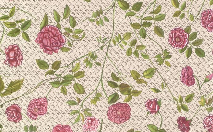 The floral wallpaper from Emily Dickinson&#x2019;s bedroom in Amherst, displayed at the Morgan. Photography by Janny Chiu.