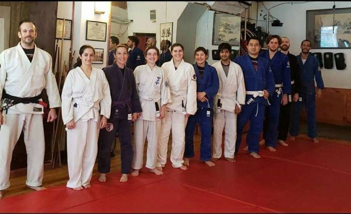Unlike some other dojos and gyms, Upper West Side Kenshikai Karate boasts an equal number of men and women among its ranks. &#x201c;I will have classes where there are more women than men,&#x201d; said chief instructor Matthew Fremon, at left. His wife and co-chief instructor, Jennifer, is third from left. Photo courtesy of Upper West Side Kenshikai Karate