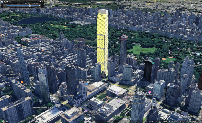 The development of an 86-story tower at 80 W. 66th St. is currently halted by the NYC Department of Buildings, after asbestos contamination was discovered during construction.