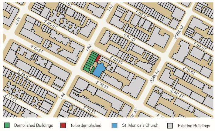 An image based on a map from the NYC DITT highlights the Extell development site and St. Monica's Church.
