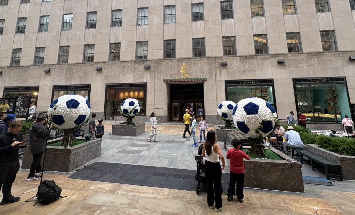Artist and designed Mr. Flower Fantastic built the floral soccer balls seen here.