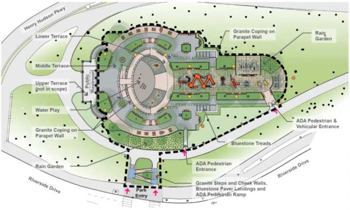 A birds-eye overview of the redesigned playground, which would be much more ADA accessible and less prone to flooding. However, a plan to entirely renovate the restrooms is not included in this proposal.