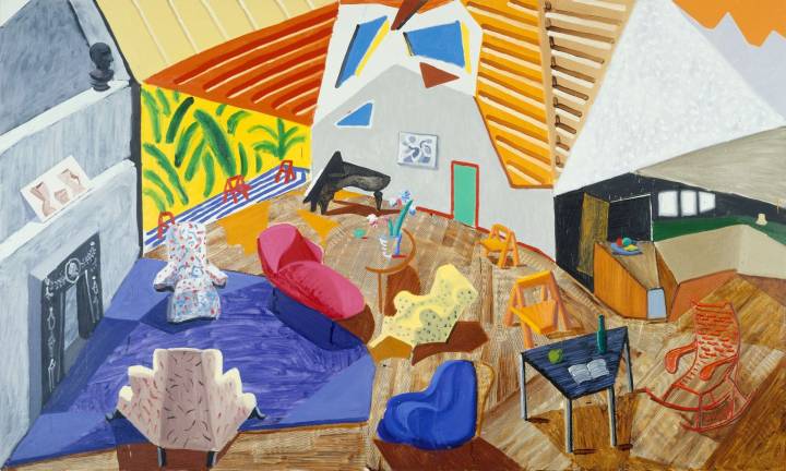 David Hockney, &quot;Large Interior, Los Angeles.&quot; 1988, oil, ink on cut-and-pasted paper, on canvas. The Metropolitan Museum of Art, New York. Purchase, Natasha Gelman Gift, in honor of William S. Lieberman, 1988. &#xa9; David Hockney