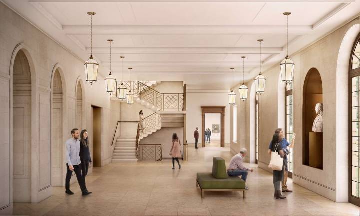 A rendering of The Frick Collection's reception hall as conceived in a new expansion proposal. To the left are the museum’s permanent galleries and to the right is the 70th Street viewing garden. At far rear, is a proposed special exhibition gallery. Courtesy of Selldorf Architects