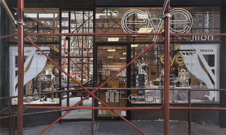 Richard Estes &#x201c;The Eye Man,&#x201d; 2014 Oil on canvas, 36 inches by 60 inches. Collection of Elliott and Marlys Badzin; Minneapolis, Minnesota &#xa9; Richard Estes, courtesy Marlborough Gallery, New York