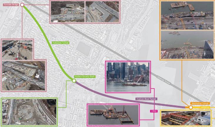 A new nine-mile tunnel under the Hudson River (shown in purple) is under construction, part of a $16 billion Gateway project to replace the 116-year old existing tunnels that were badly damaged during Hurricane Sandy.