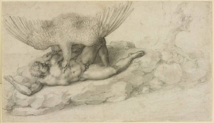 Michelangelo Buonarroti (Italian, Caprese 1475&#x2013;1564 Rome). &#x201c;Tityos (recto); Sketches for a Resurrection of Christ (verso).&#x201d; Drawing. Ca. 1530&#x2013;32. Black chalk; sheet: 7 1/2 x 13 in. Lent by Her Majesty Queen Elizabeth II (RCIN 12771). ROYAL COLLECTION TRUST/&#xa9; HER MAJESTY QUEEN ELIZABETH II 2017. www.royalcollection.org.uk&quot;www.royalcollection.org.uk