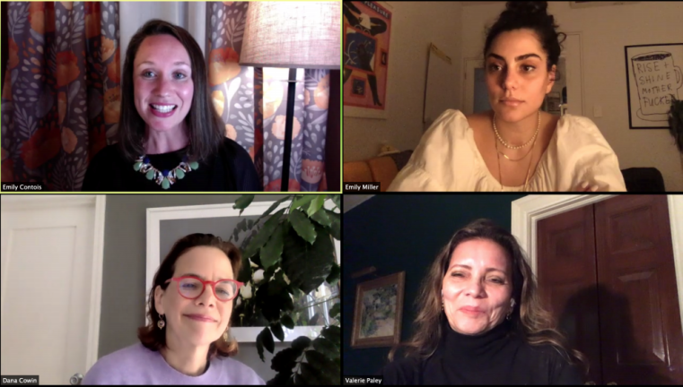Screenshot of the “Tasty Characters” panel discussion, with (clockwise from top left) Emily Contois, Emily Miller, Valerie Paley and Dana Cowin.