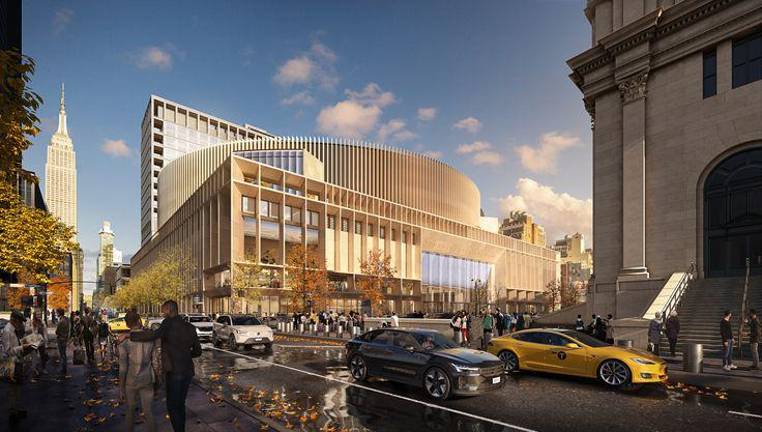 Artists rendering of a plan being put forward by developer ASTM to rebuild Penn Station at a cost of $6 billion, which would keep Madison Square Garden atop the rail hub. It is one of several competing plans. Photo: Courtesy of ASTM, PAU and HOK