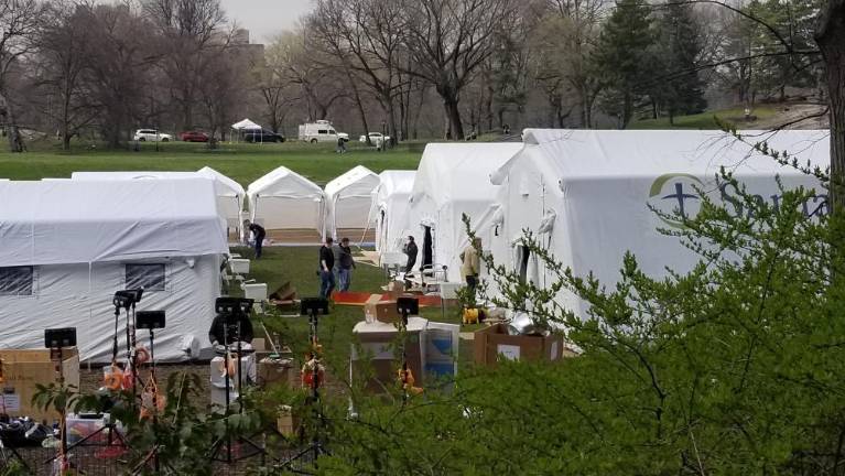 Setting up tents in Central Park.