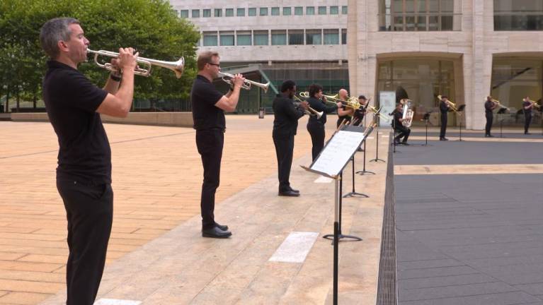 A 15 piece brass ensemble from organizations across Lincoln Center performs “Invictus” led by composer Anthony Barfield. Photo courtesy Lincoln Center