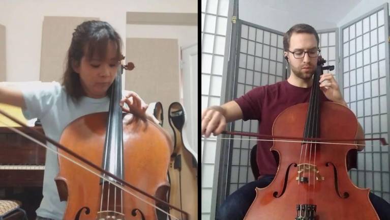 New York Philharmonic cellists Sumire Kudo and Nathan Vickery performing the first movement of Barrière’s Sonata No. 10 for Two Cellos is part of NY Phil Plays On.
