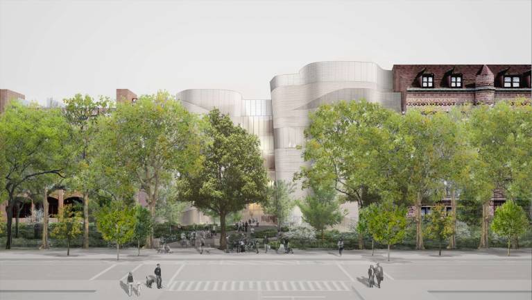 A look at the exterior fa&#xe7;ade of the proposed Richard Gilder Center for Science, Education, and Innovation, including a portion of Theodore Roosevelt Park, from the conceptual design. Courtesy Studio Gang Architects
